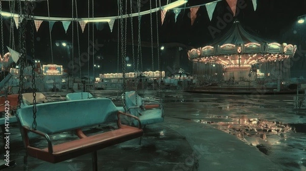 Obraz Empty amusement park at night, dimly lit swings and carousel.
