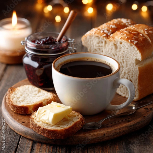 Obraz cup of hot coffee and bread with butter and a jar of jam on a rustic wooden table in the evening