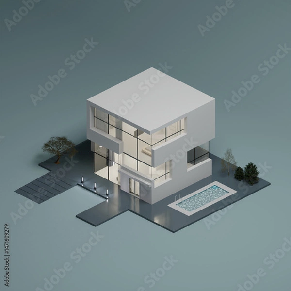 Obraz Architecture 3d rendering illustration of modern minimal house. Simple family house 3d design with swimming pool and car garage. modern building with glass windows. Glass theme house. 3d rendering