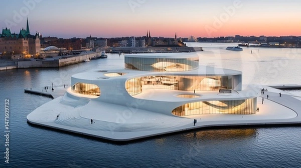 Fototapeta Modern, floating architectural marvel on a tranquil body of water at sunset