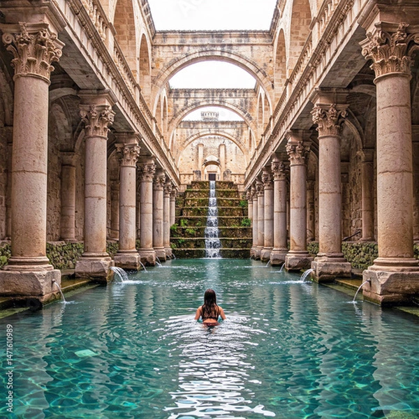 Fototapeta woman in a Renaissance-style pool with an arched hallway