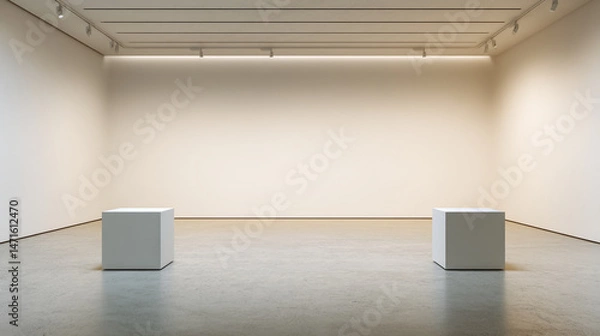 Fototapeta Empty gallery interior with two white cubes on polished floor, showcasing blank space for art display or product presentation, minimalist and modern design