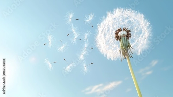 Obraz Dandelion Seeds Blowing in the Wind Against Blue Sky wind blowing sky seed blue sky clear sky nature