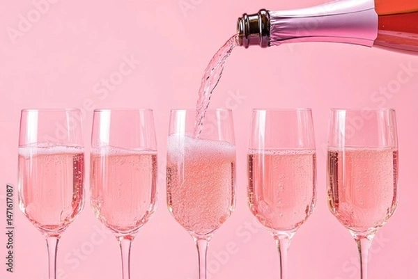 Fototapeta Crystal champagne coupe glass being filled with pink sparkling wine in elegant sunlight. Luxury table setting, soft shadows, festive atmosphere, minimalistic and glamorous composition. Copy space