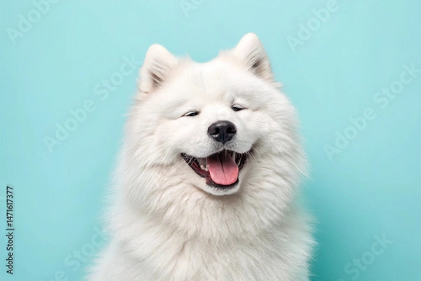 Obraz Smiling samoyed dog against a teal background showing a happy and playful expression