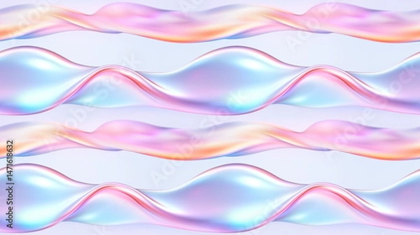 Fototapeta Elegant holographic wavy ribbons seamless pattern with iridescent gradient effect, pastel colored silk smooth flowing stripes on light background for modern digital design, feminine abstract texture