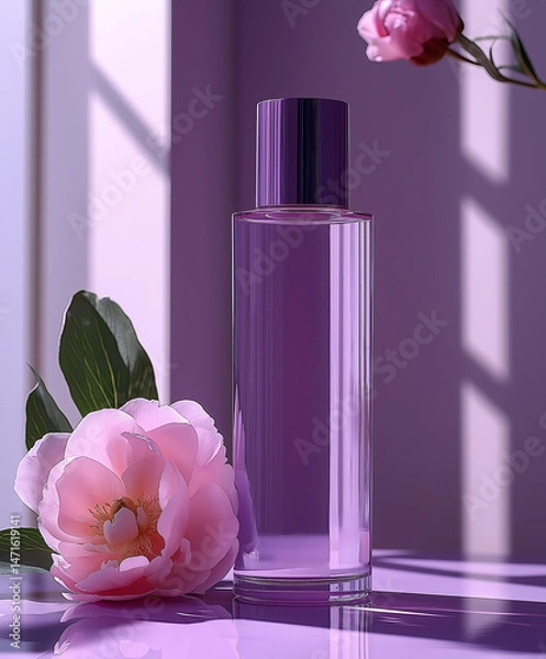 Fototapeta Luxury Purple Perfume Bottle with Delicate Pink Peony Flower in Soft Window Light, Elegant Beauty Product Photography with Violet Shadows and Minimalist Style for Cosmetic Branding