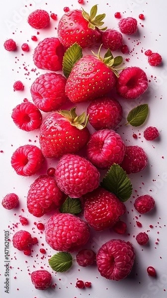 Fototapeta Fresh Juicy Strawberries and Raspberries with Green Leaves on Light Background, Vibrant Summer Fruit Composition, Healthy Organic Dessert Concept, Natural Vitamins and Antioxidant Rich Snack Idea