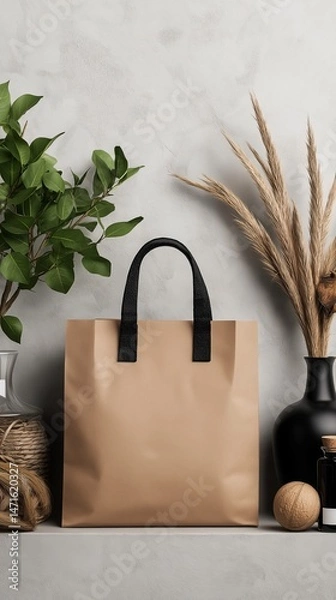 Fototapeta Brown Eco Paper Bag with Black Textile Handles on Minimalist Shelf Decorated with Natural Greenery and Dried Plants in Stylish Interior, Recyclable Packaging Mockup for Branding, Sustainable Product