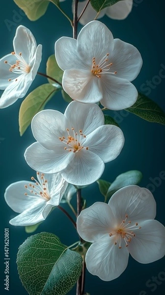 Fototapeta Closeup of White Jasmine Flowers on Branch with Green Leaves and Dark Blue Background, Delicate Botanical Bloom with Petals and Stamens Perfect for Elegant Nature Design, Wallpaper and Floral Deco