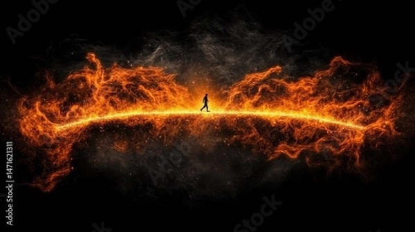 Obraz Silhouette of Person Walking on Fiery Flame Trail with Dramatic Background of Dark Smoke and Bright Orange Flames