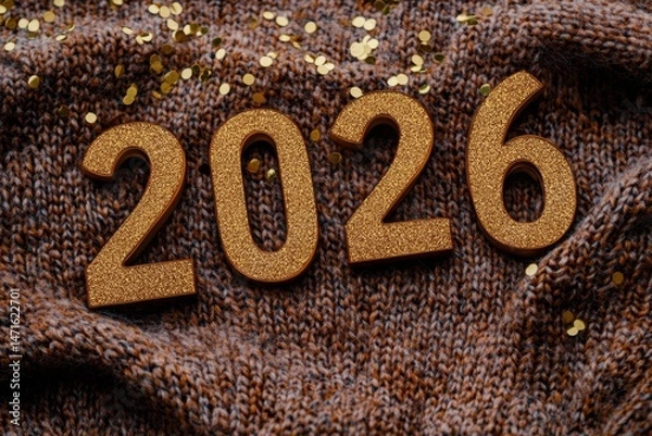Fototapeta Gold numbers 2026 on cozy knitted sweater with golden confetti, festive winter composition for New Year celebration, holiday greeting card, seasonal background or warm wintertime decoration concept