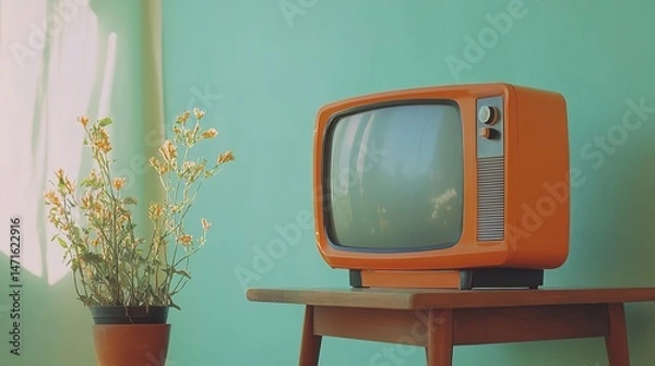 Fototapeta Nostalgic glow of an orange retro television a window to simpler times with vintage decor and soft