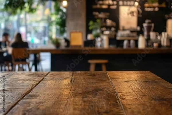 Fototapeta Empty wooden table in a cafe (1)
