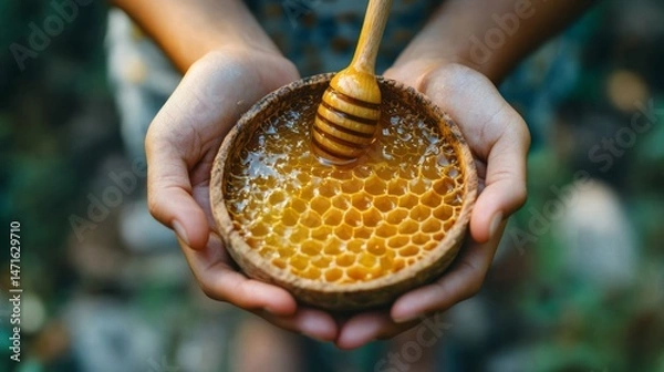 Obraz Honeycomb in a wooden bowl held by hands outdoors.