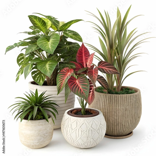 Fototapeta A collection of beautiful indoor plants in stylish ceramic pots, isolated on white background, perfect for home décor and nature lovers.
