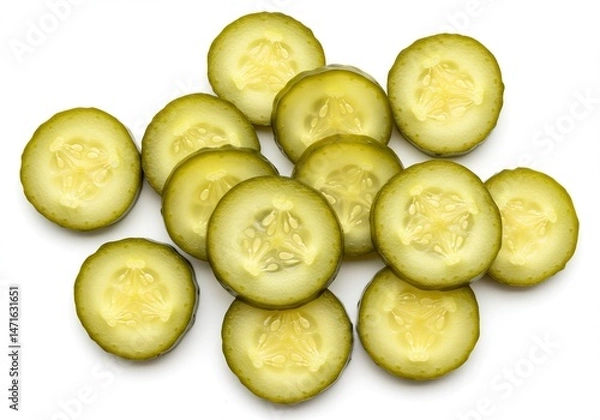 Fototapeta Pile of sliced dill pickle chips arranged on a white surface, showcasing their texture and vibrant green color