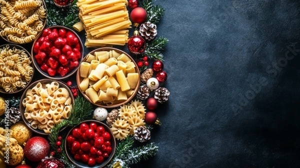 Obraz Variety of pasta types presented with festive Christmas decorations.
