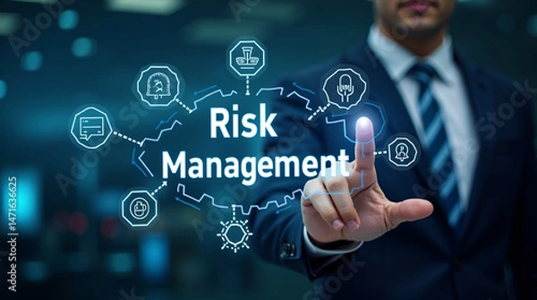 Fototapeta Businessman Touching Digital Risk Management Interface with Security Icons