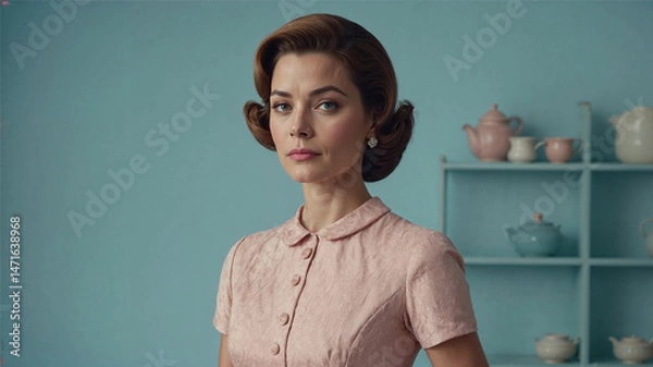 Fototapeta A poised woman with classic 1950s hairstyle and pastel pink dress poses against a soft blue background. Her serene expression and elegant look reflect timeless femininity and retro charm.