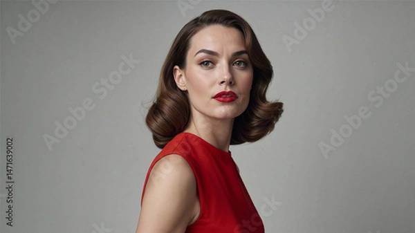 Fototapeta A confident woman in a vibrant red dress and classic retro hairstyle poses elegantly in a minimalist setting. Her bold red lips and poised expression reflect timeless glamour and sophistication.