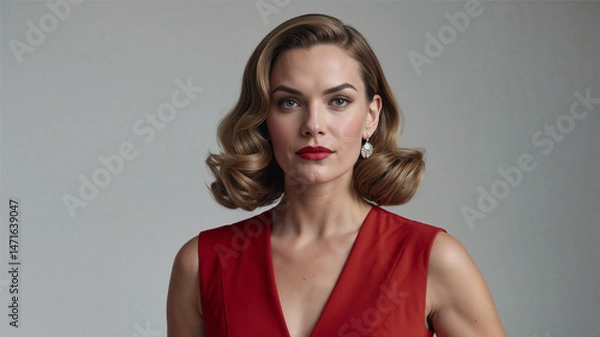Fototapeta A confident woman in a vibrant red dress and classic retro hairstyle poses elegantly in a minimalist setting. Her bold red lips and poised expression reflect timeless glamour and sophistication.