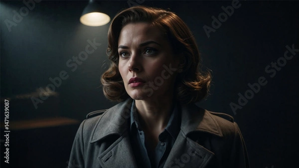 Fototapeta A serious-looking woman in a vintage coat sits under a single overhead light in a dark interrogation room. The moody lighting and cinematic setting evoke mystery, noir style, and dramatic tension