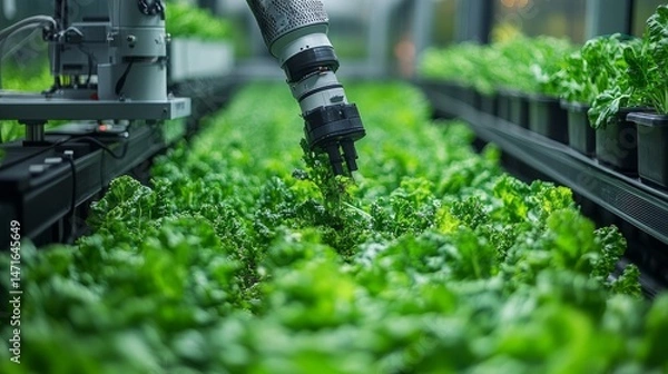 Obraz Advanced robotic system scanning vegetable crops for pests and diseases, ensuring healthy growth without chemicals.