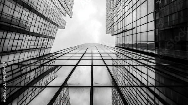 Fototapeta A low-angle monochrome shot depicts the imposing glass facades of three skyscrapers, their reflections mirroring the cloudy sky, creating a sense of urban grandeur and architectural pr : Generative AI