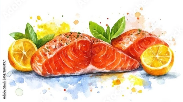 Obraz Two slices of painted salmon with lemon and herbs.