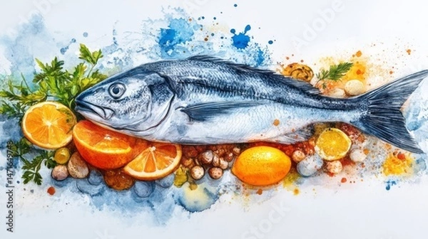 Obraz Fresh fish with citrus fruits and herbs, a colorful artistic still life.