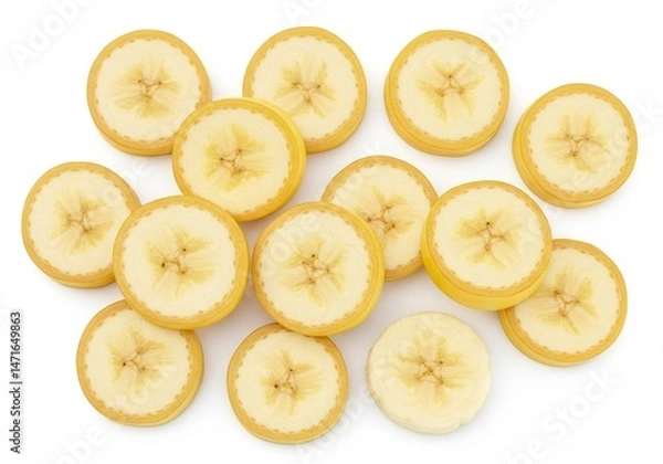 Obraz Scattered slices of a ripe banana with yellow peel on a white surface, creating a simple fruit still life