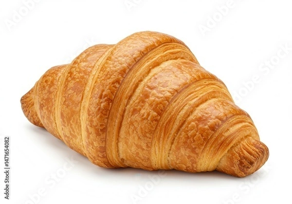 Fototapeta Golden brown croissant on a white background showing flaky layers and curved shape