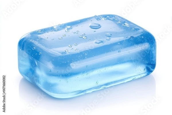 Obraz A clear blue soap bar sits on a white surface, glistening with small water droplets. Its smooth texture and vibrant color suggest freshness and cleanliness, ideal for personal care.