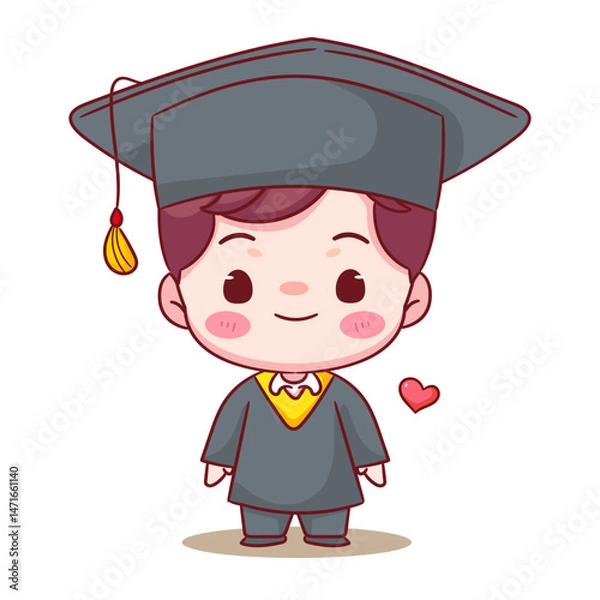 Fototapeta Happy Graduation Cute boy standing with cap and gown. Education concept design. Kawaii chibi cartoon character illustration