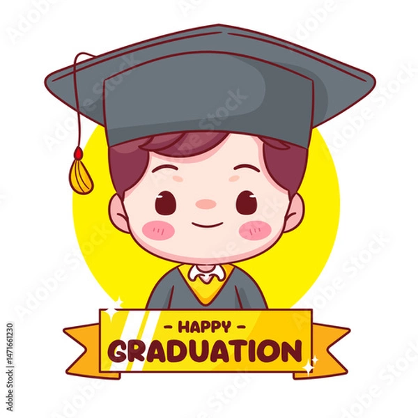 Fototapeta Happy Graduation Cute boy with cap and gown. Education concept design. Kawaii chibi cartoon character illustration