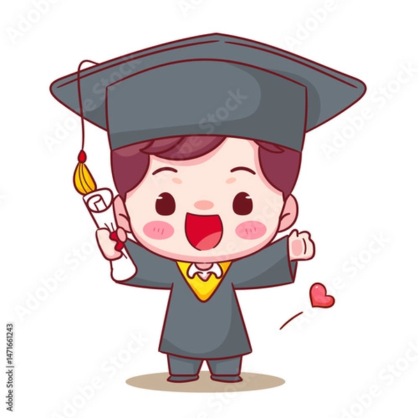 Fototapeta Happy Graduation Cute boy holding diploma with cap and gown. Education concept design. Kawaii chibi cartoon character illustration