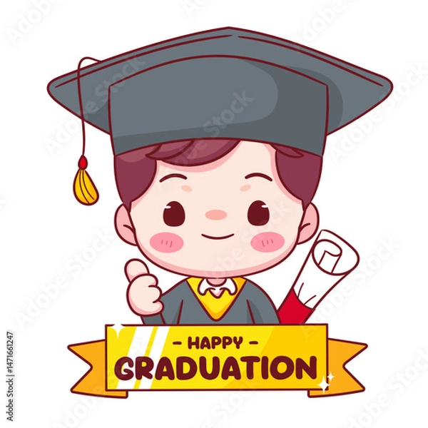 Fototapeta Happy Graduation Cute boy showing thumb up with cap and gown. Education concept design. Kawaii chibi cartoon character illustration