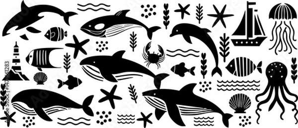 Obraz Sea and ocean fish set, aquarium animal vector, seahorse, dolphin, star, shark, whale, jellyfish, turtel