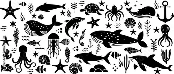 Obraz Sea and ocean fish set, aquarium animal vector, seahorse, dolphin, star, shark, whale, jellyfish, turtel