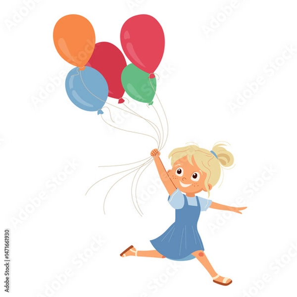 Fototapeta Happy little girl running with balloons. Cheerful smiling child character with bright ballons. Cartoon design element for kids celebration party, greeting cards, poster or flyer. Vector illustration