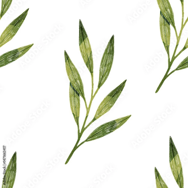 Obraz Stylized minimalist modern watercolor botanical pattern. Wallpaper, textile seamless background. Green foliage pattern.