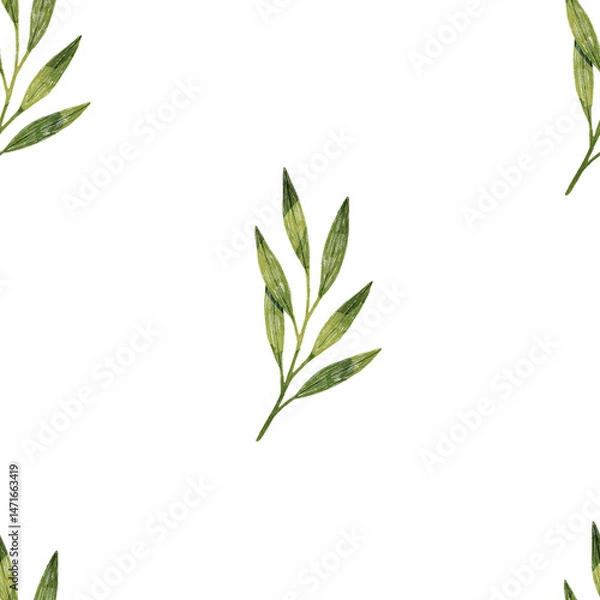 Obraz Stylized minimalist modern watercolor botanical pattern. Wallpaper, textile seamless background. Green foliage pattern.