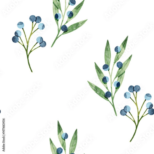 Obraz Stylized minimalist modern watercolor botanical pattern. Wallpaper, textile seamless background. Green foliage pattern and blue berries.