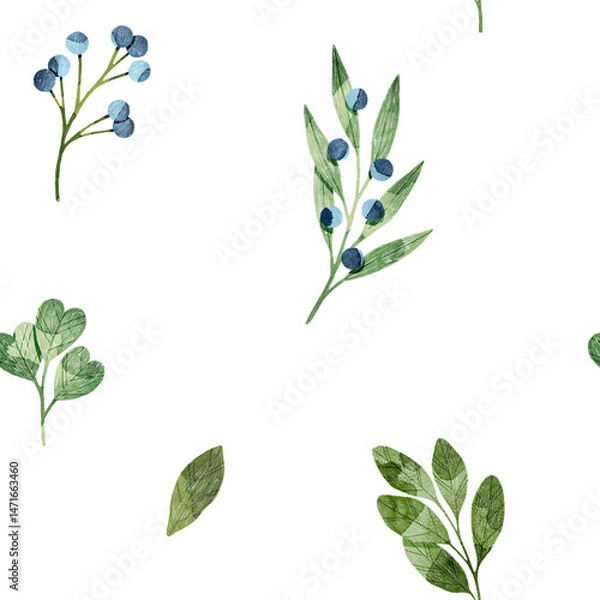 Obraz Stylized minimalist modern watercolor botanical pattern. Wallpaper, textile seamless background. Green foliage pattern blue berries, blueberry.