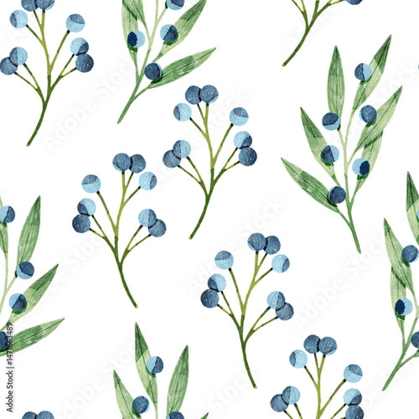 Obraz Stylized minimalist modern watercolor botanical pattern. Wallpaper, textile seamless background. Green foliage pattern and blue berries.