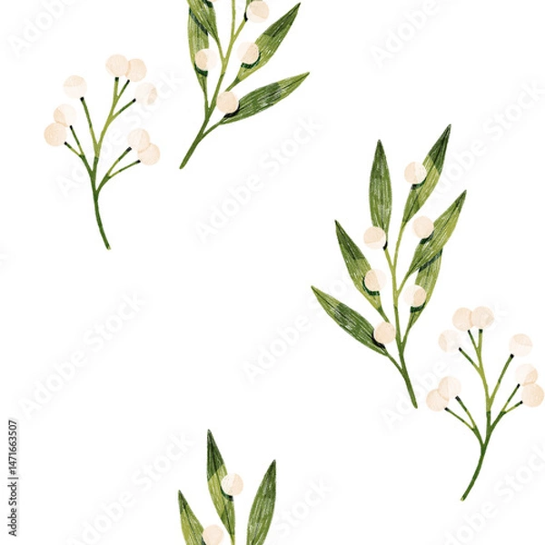 Obraz Stylized minimalist modern watercolor botanical pattern. Wallpaper, textile seamless background. Green foliage and berries pattern.