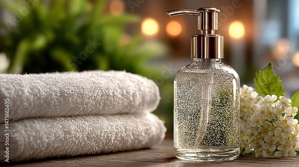 Obraz Clear pump bottle on bathroom tile counter with white towels in blurred background, spa-like ambiance 