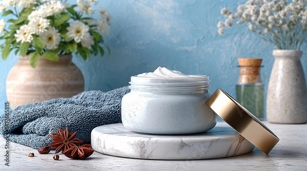 Obraz Clear pump bottle on bathroom tile counter with white towels in blurred background, spa-like ambiance 