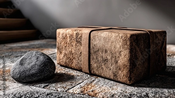 Obraz Compact kraft gift box on white tabletop with bokeh background lights, soft and elegant 
